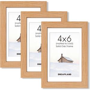 Dreamland 4x6 Picture Frame with Mat for 3.5x5, Solid Oak Wood 4 x 6 Frames with Resistant Plexiglass, 6x4 Wooden Gallery Wall Frames for Art, Wall or Tabletop Display, Set of 3