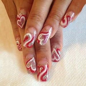 24Pcs Valentines Press on Nails Medium Square Fake Nails Glitter Heart Nail Tip French Lines Designs Glue on Nails Full Cover Acrylic False Nails for Women Girls DIY Valentine Manicure Decor