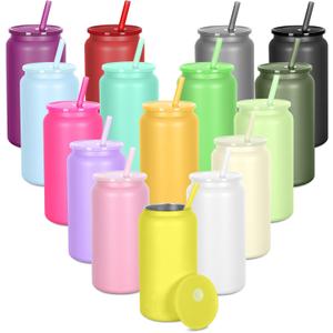 16oz Stainless Steel Can Tumblers, 12 Pack Insulated Beer Can Glass Cups with Lids and Straws, Iced Coffee Cup for Smoothie, Juice, Soda, Milk, Multiple colors