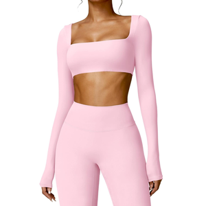 Kyla Women Crop Top Long Sleeve Padded Sports Low Medium Impact Yoga Shirt Workout, Large
