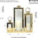 Allgala 3-PC Lantern Set 23 Inch Jumbo Deluxe Modern Indoor/Outdoor Candle Lantern Set Stainless Steel Frame Tempered Glass Rectangular Gold Color for Garden Poolside Fireplace Wedding