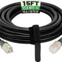 POWGRN 15 Ft 10AWG Black Outdoor Extension Cord Waterproof Heavy Duty 10 Gauge 3 Prong, Flexible Cold-Resistant Power Cord Indoor & Outside with Lighted Indicator End, 15Amp 1875W SJTW ETL Listed