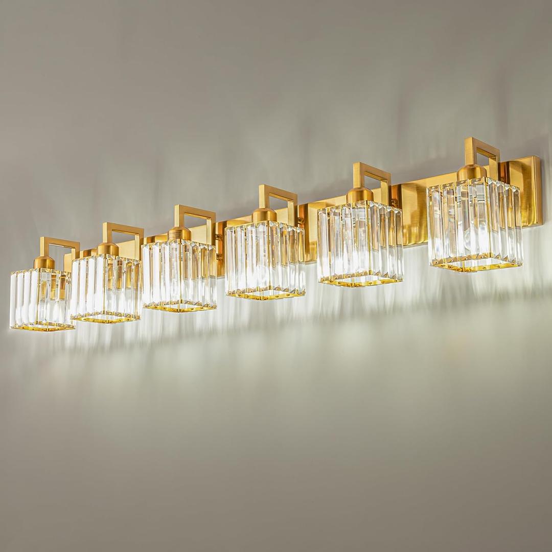 Crystal Bathroom Vanity Light 6-Lights Gold Brushed Brass Finish Modern Crystal Wall Lamp Bathroom Modern Crystal Vanity Lighting