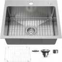 20" x 16" Drop in Kitchen Sink 304 Stainless Steel Single Bowl Topmount Kitchen Sink with Drain Kit and Bottom Grid, Brushed