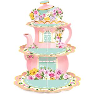 Zopeal 3 Tier Floral Tea Party Cupcake Stand Decoration Spring Vintage Teapot Party Cupcake Holder Talking Party Dessert Tower for Flower Theme Tea Party Baby Shower Princess Birthday Wedding Supplies