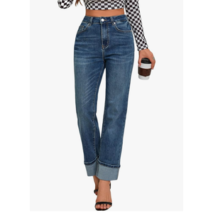 Womens Jeans High Waisted Stretchy Straight Leg Jeans for Women Tummy Control Trendy Cute Ankle Fold Hem Jeans Pants Size M