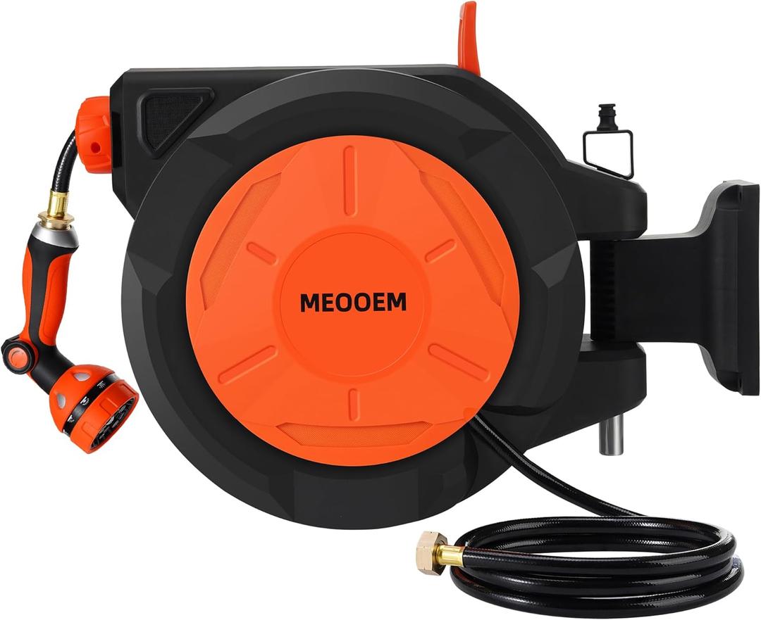 1/2 Inch 100FT Retractable Garden Hose Reel Wall Mounted,10 Patterns Nozzle & 180 Swivel Bracket, Automatic Rewind Water Hose Reel Heavy Duty for Outside, Any Length Lock (3/4" Brass Fitting)