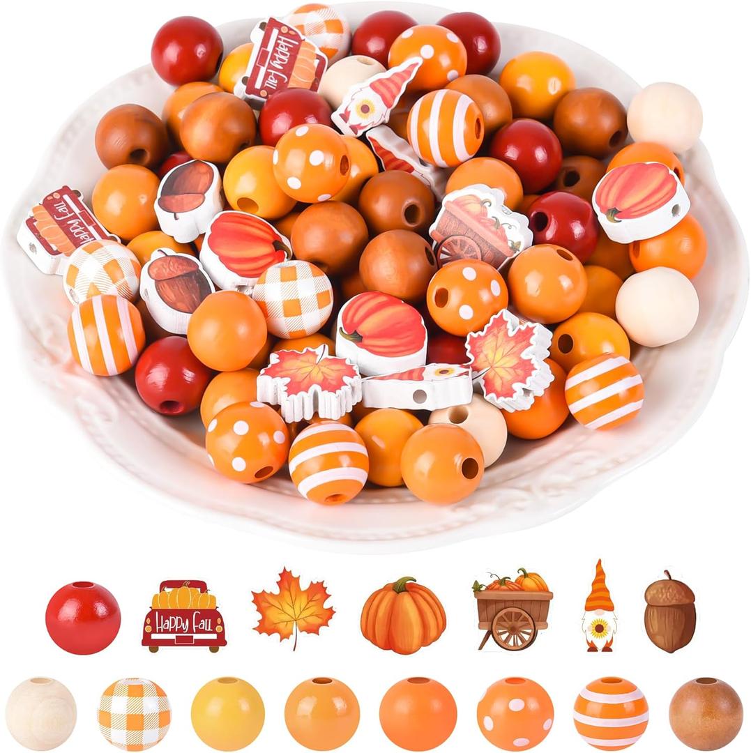 240 Pieces Fall Wooden Beads Thanksgiving Orange Craft Wood Beads Pumpkin Maple Leaf Gnome Plaid Colorful Bubblegum Beads for Harvest Halloween Craft Jewelry Making Home Party Decor