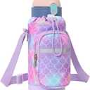 Water Bottle Carrier for Kids - Water Bottle Holder with Strap, Boys Girls Water Bottle Sling Bag for 10/12/14/16/18Oz Water Bottles Walking Hiking Trip Camping (A-Purple Mermaid Scale)