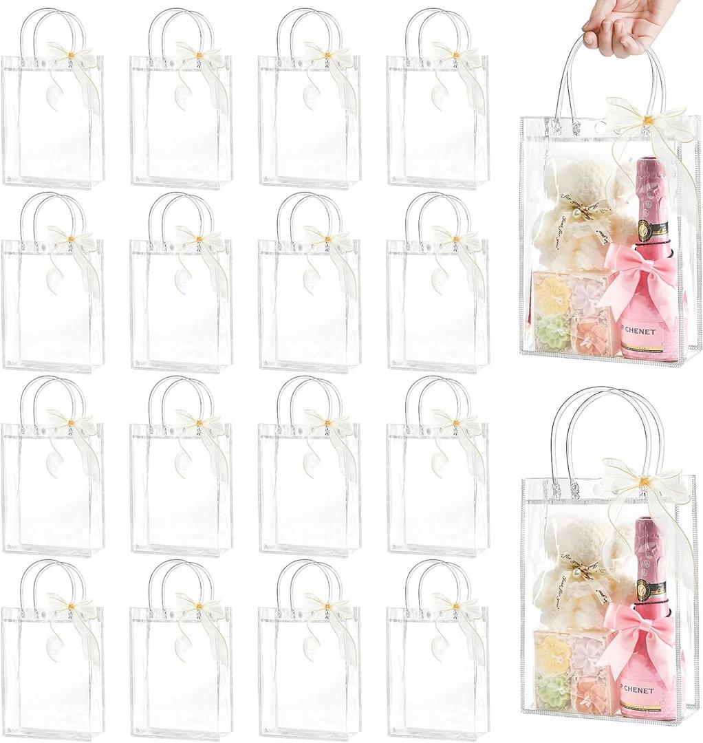 Ohuimrt 24 PCS Clear Plastic Gift Bags with Handles, 9.1 x 6.7 x 2.8 Inches Reusable Party Favor Bags with Ribbon Transparent Gift Wrap Bags Bulk for Weddings Birthdays