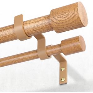 Wood Double Curtain Rod for Windows 36 to 72 Inch (3 to 6 ft), Heavy Duty Adjustable Decorative Dual Drapery Rod with Boho Rustic Finials, 1'' Imitation Wood Grain Curtain Rods for Farmhouse Home