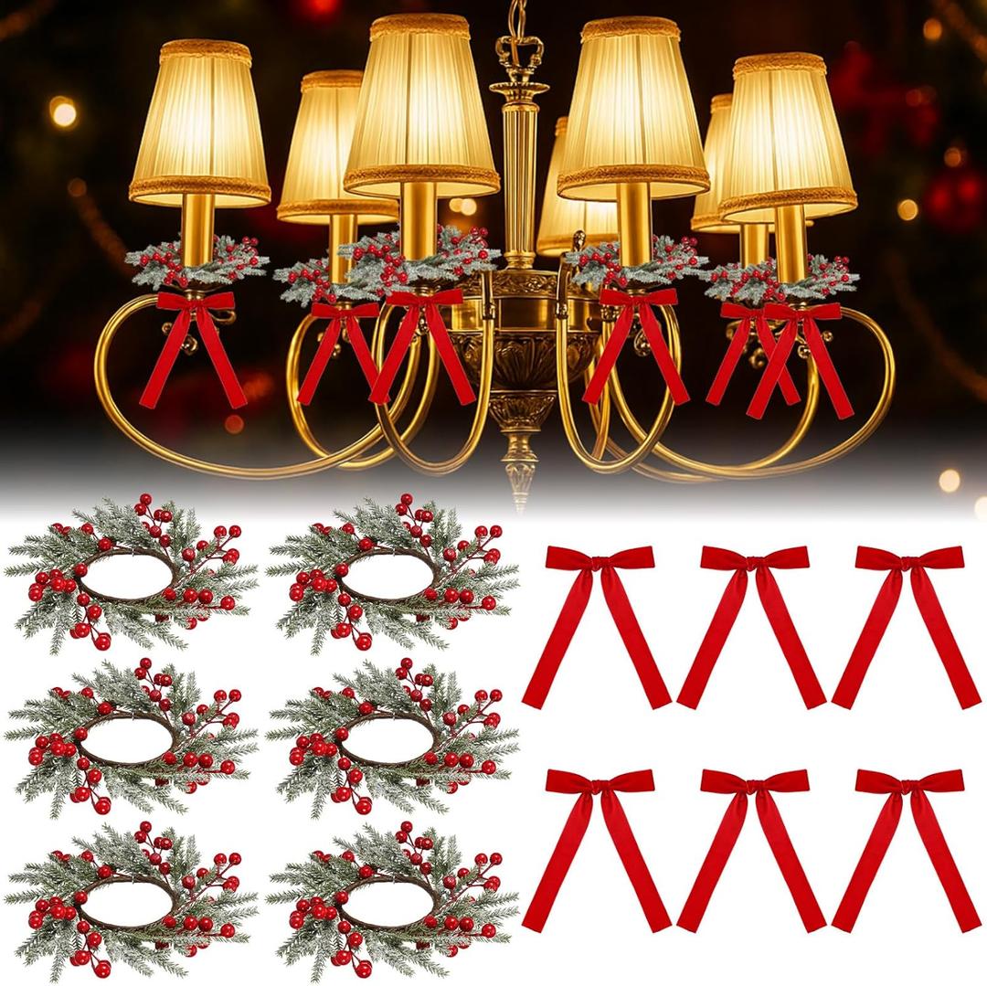 Suncalla 6 Set Christmas Chandelier Decoration Including 6 Christmas Chandelier Rings Wreaths with 6 Red Velvet Bows, Artificial Berry Snowy Pine Wreath Garland for Xmas Ornament Holiday Decor