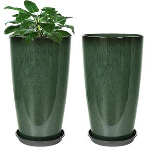 Neoaider Set of 2 Lightweight Ceramic-Look Tall Planter, 21 inch Large Plastic Planter with Drain Hole & Saucers, Large Outdoor Planters for Porch, Garden, Patio, Balcony(Dark Green)