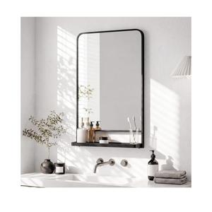 Novabright 28x18 Inch Bathroom Mirror with Shelf, Black Metal Frame, 2 in 1Wall Mounted, Rounded Corner, Modern Decorative Rectangle Vanity Mirror with Storage for Bathroom, Bedroom, Entryway