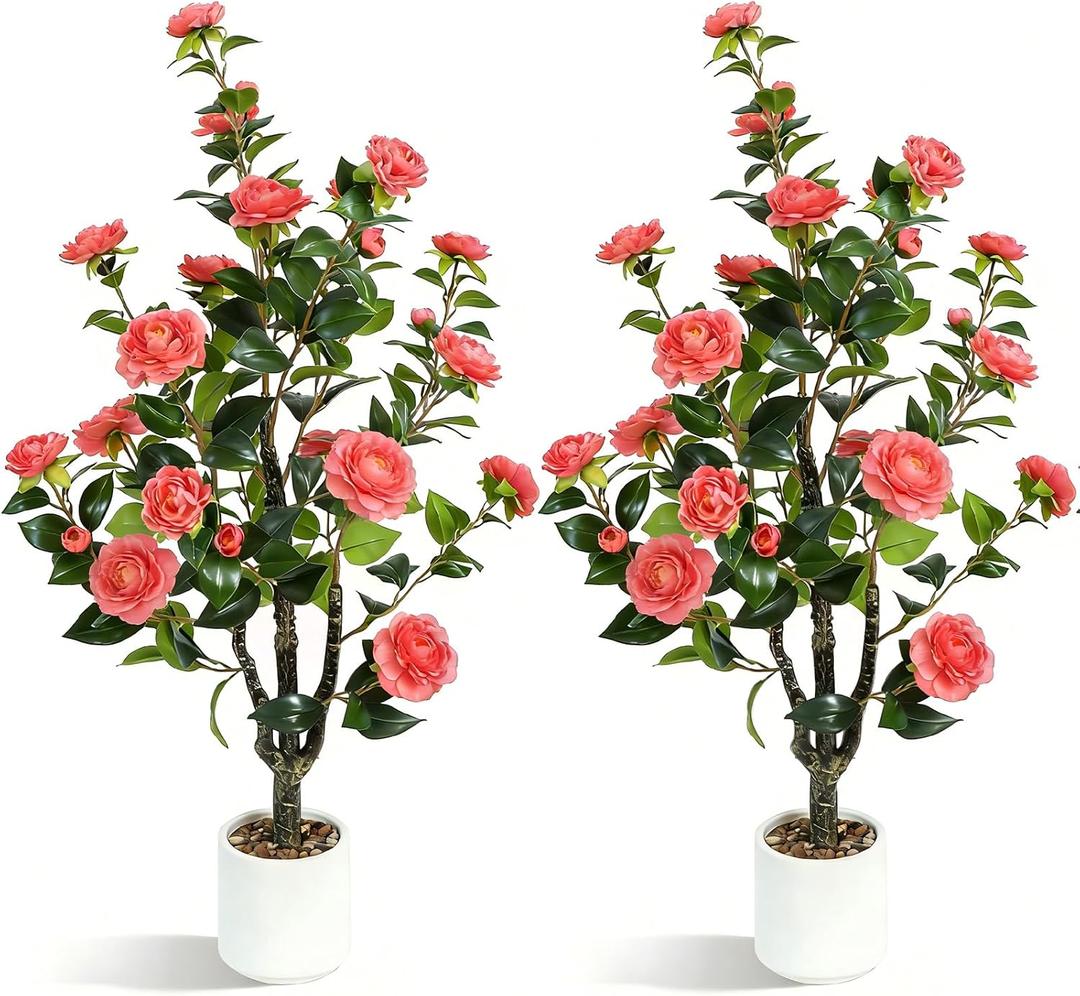 UPBUD Artificial Camellia Tree 2 Pack, 3.3FT Fake Camellia Plant with 30 Blooming Pink Flowers & Planter, Tall Faux Floral Plants Flower Trees for Indoor Modern Home Office Front Porch Floor Decor