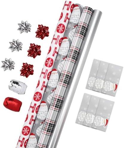 LaRibbons Christmas Wrapping Paper Set, Classic Santa Face & Plaid Design with Gift Bow & Ribbons & Tags, Perfect for Christmas, Holiday, Winter Party, Xmas, 30 Inch X 10 Feet (4Rolls, 100 sq.ft.ttl.)