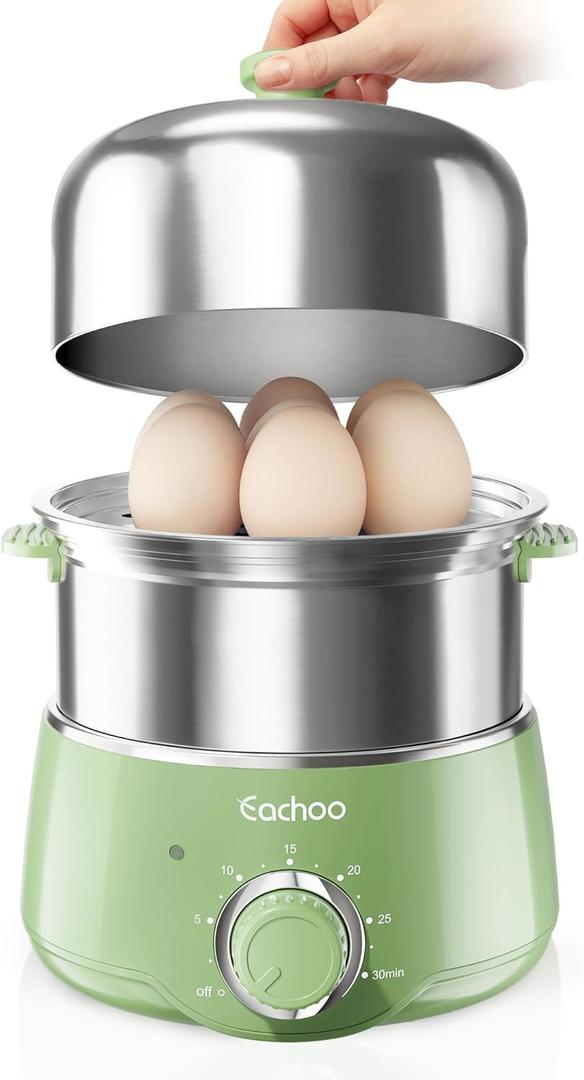 Hard Boiled Egg Cooker - CACHOO 14-Egg Rapid Stainless Steel Egg Boiler with 30-Min Timer & Auto Shut Off, Compact Electric Vegetable Steamer for Cooking, Dishwasher Safe, Retro Green