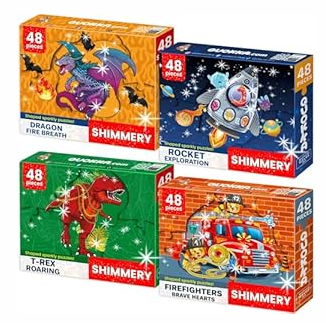 QUOKKA Shimmer Puzzles for Kids Ages 4-6 – 48 Piece Shaped Jigsaw Puzzles for Toddlers 3-5 – 4-Pack Dragon, Rocket, Firetruck & Dinosaur Children's Game Ages 4-8 – Unique Gift Toy for Preschoolers