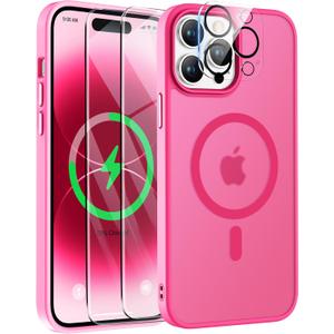 ORETECH for Magnetic iPhone 14 Pro Case, MagSafe Compatible, 15FT Drop Protection, Shockproof, Anti-Scratch, Frosted Translucent Back Phone Case with Screen & Camera Lens Protectors, Hot Pink