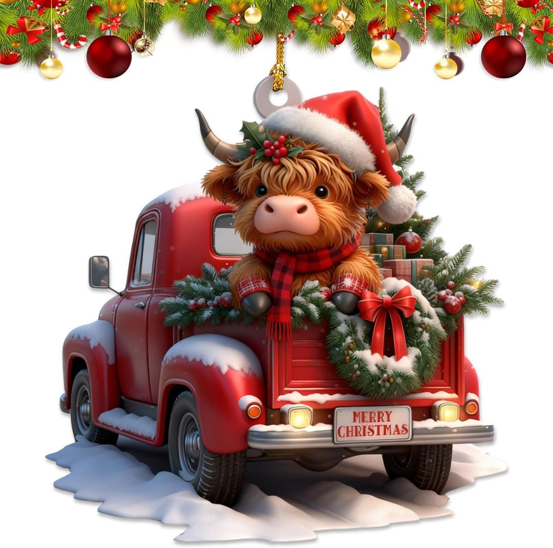 2 x Funny Christmas Ornaments 2025, Highland Cow Christmas Decoration,Cow Ornaments for Christmas Tree, Animal Xmas Keepsake Gift for Cow Lovers (Cow car)