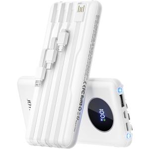 Portable-Charger-Power-Bank Travel Essentials Battery Pack USB C 10000mAh Built in Cable 22.5W Phone Fast Charging Powerbank Compatible with iPhone 16 15 14 13 12 11 iPad Samsung Google (White)