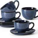 vicrays 6.5 oz Cappuccino Cups with Saucers, Set of 4, Ceramic Coffee Cup for Au Lait, Double shot, Latte, Cafe Mocha, Tea (Starry Blue)