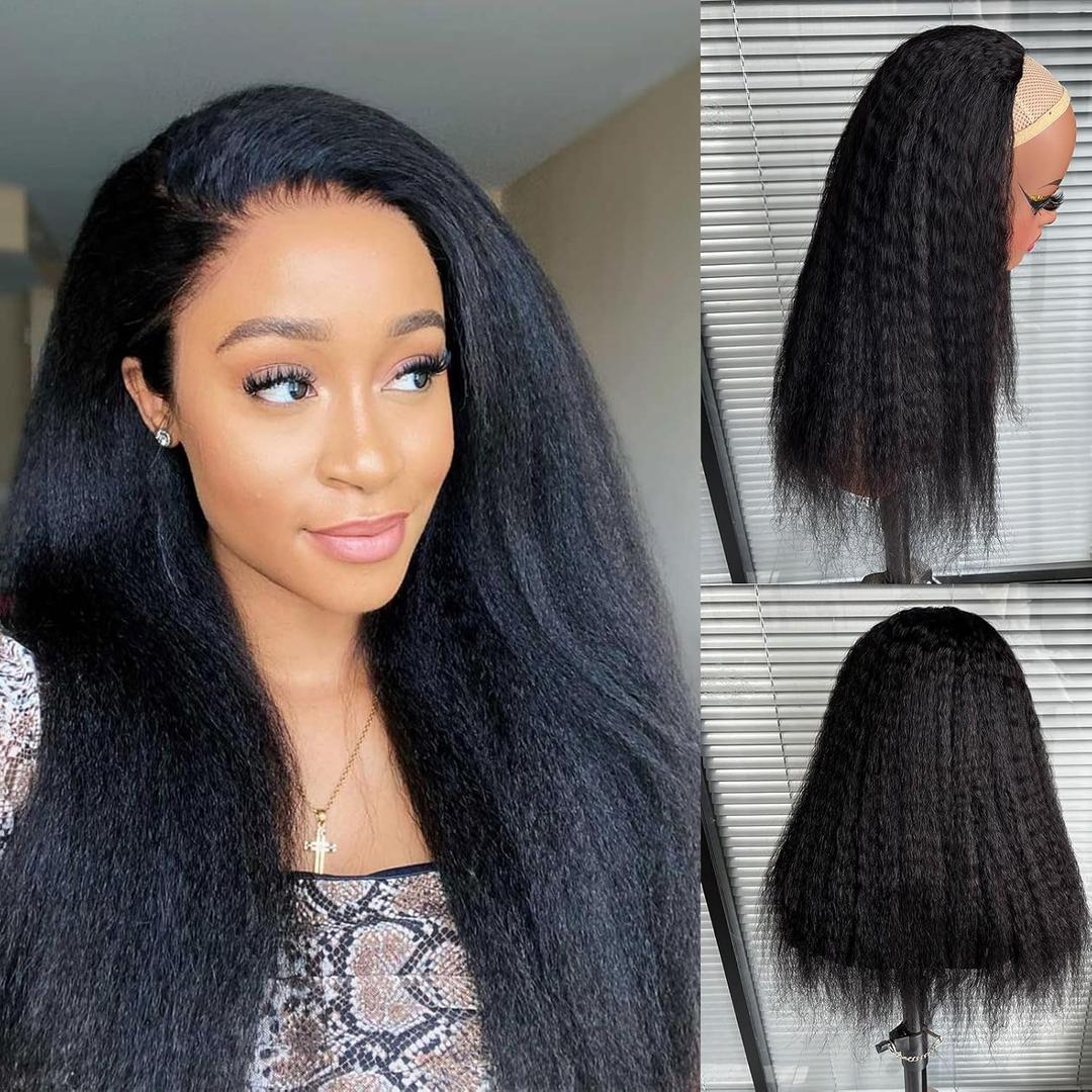 Kinky Straight Half Wig Human Hair Glueless 100% Real Human Hair Yaki Straight Half Wig 3 in 1 Seamless Flip Over Wigs With Drawstring Beginners Friendly 16 Inch 210 Density