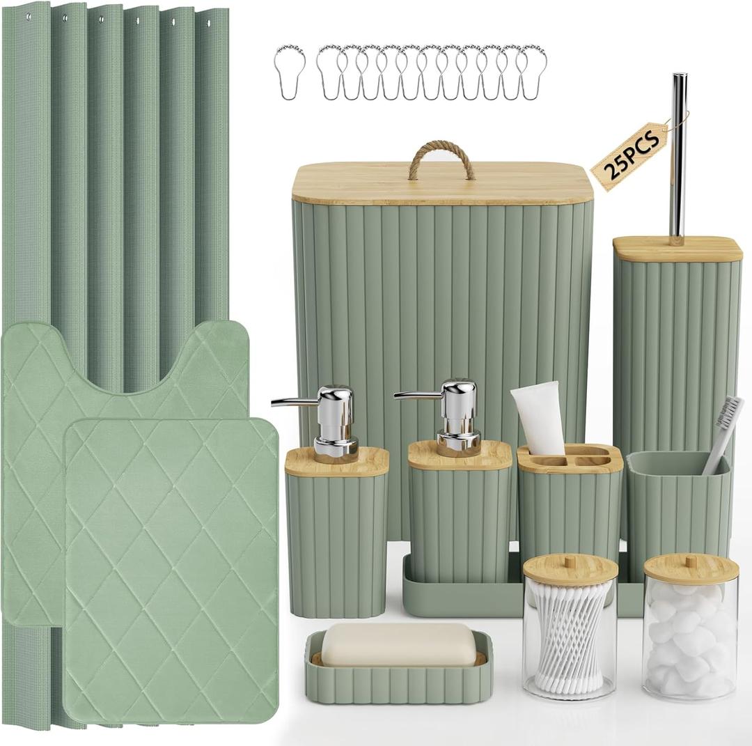Bathroom Accessory Set - 25PC Bathroom Sets with Shower Curtain and Rugs, Sage Green Bathroom Set, Bathroom Accessories Set, Shower Curtain Sets with Rugs, Bathroom Trash Can & Soap Dispenser
