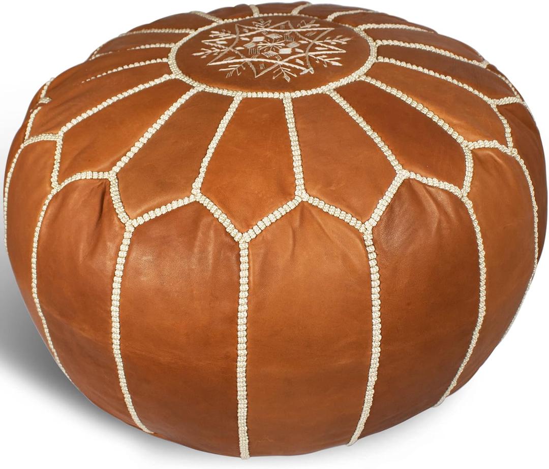 MARRAKESH STYLE Comfortable Leather Ottoman Pouf - Handmade Unstuffed Moroccan Pouf Cover - Round Pouf & Foot Rest Ottoman - Perfect for Living Rooms Bedrooms & Kids Room - Brown