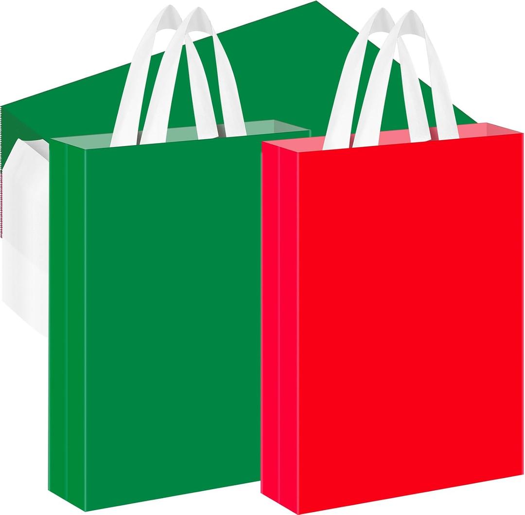 SilTriangle 100 Pieces Red and Green Gift Bags Large Plastic Gift Bags with Handle Merchandise Shopping Bag for Christmas Party Favor Small Business Gifts Wrapping,13.8 x 9.8 x 2.4 Inches