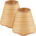 Glooglitter Small Clip-on Chandelier Rattan Lamps Set Shade Scalloped Lampshade 3"top x 6"bottom x 5-1/4"slant Height Empire Lamp Shade Chandelier or Accent Lamp(Woven,Boho,2 Pcs)