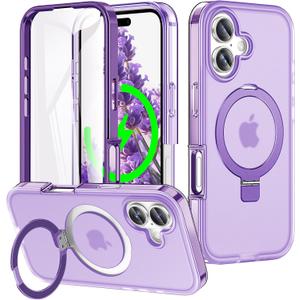 for iPhone 17 Full Body Shockproof Case with Magnetic Invisible Stand [Compatible with MagSafe] Built-in Screen Protector Military Drop ProtectionTranslucent iPhone Cover -Purple