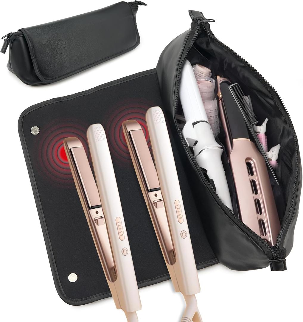 Hair Tools Travel Bag, Large Capacity Hair Tools Organizer with Dual Neoprene Layers, Extended Zipper, Magnetic Fastener, Interior Pockets, Portable Organizer with Heat-Resistant Mat for Flat Irons (Black)