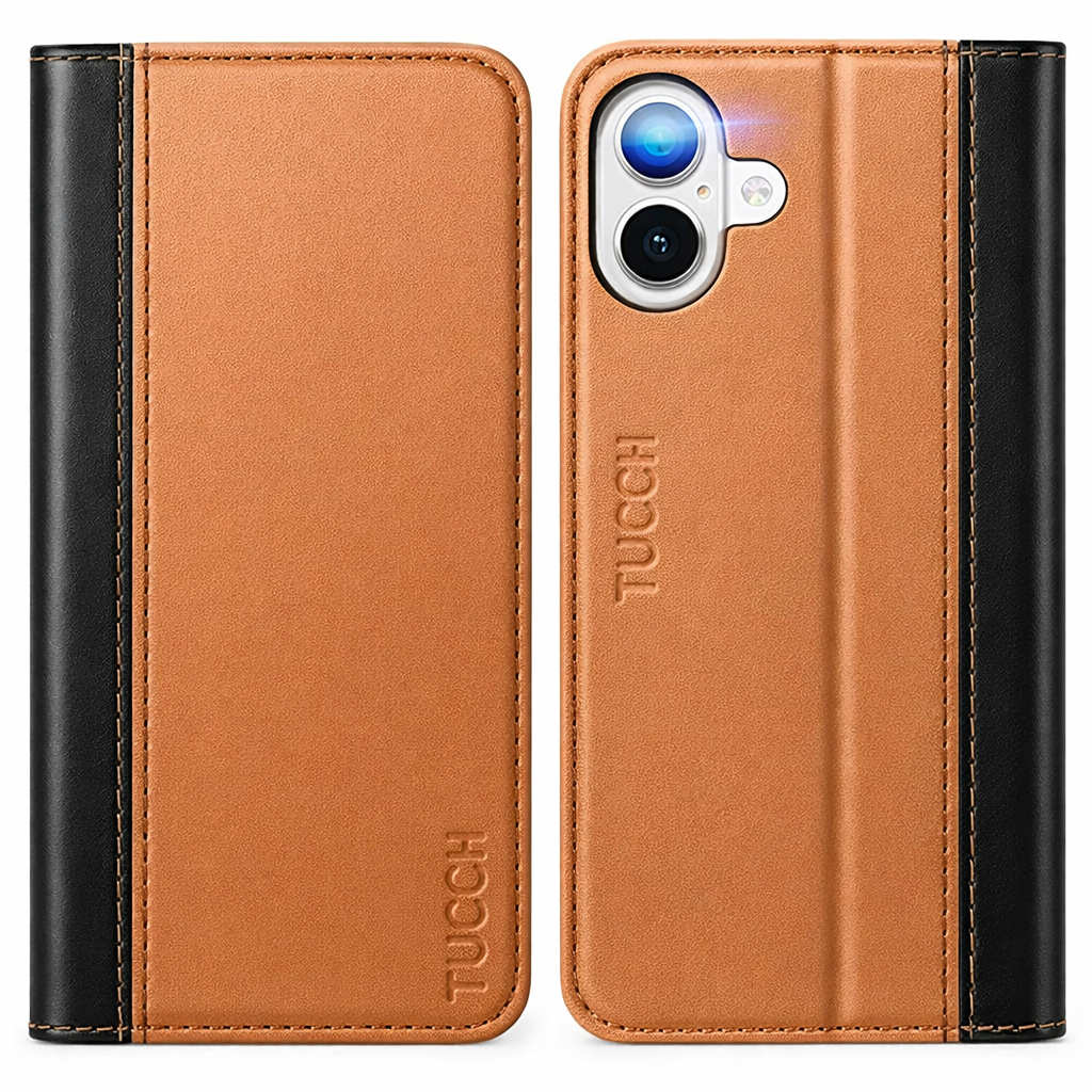 TUCCH Case for iPhone 16 Plus, PU Leather Flip Wallet Stand Folio Cover with [RFID Blocking] [3 Credit Card Slot] Shockproof [Soft TPU Interior Case] Compatible with iPhone 16 Plus, Black & Brown