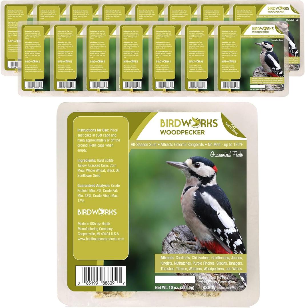 Heath Outdoor Products Woodpecker All Season No Mess Suet Cake Birders Pack, Food for Woodpeckers, Cardinals, Siskins, Sparrows, Finch's & Many More Wild Birds & More - 10oz Suet Feeder, (Pack of 16)