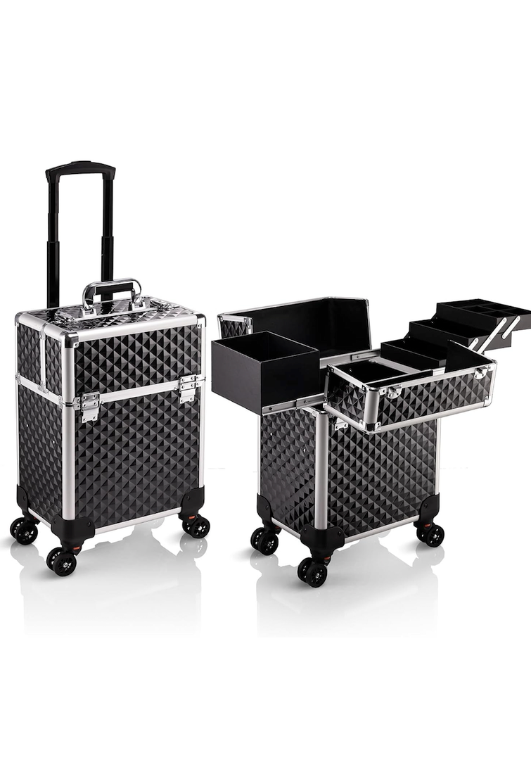 Stagiant Rolling Makeup Train Case Large Storage Cosmetic Trolley 4 Tray with Sliding Rail Removable Middle Layer with Key Swivel Wheels Salon Barber Case Traveling Cart Trunk