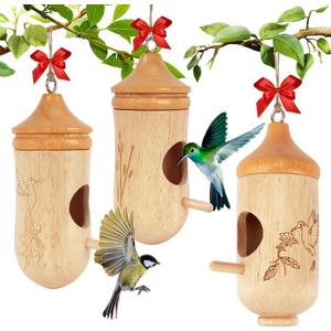 Hummingbird House, Small Hummingbird Houses for Outside, Wooden Bird Houses with Bow, String, Cute Gardening Gifts Home Decoration (Style-1, 3 Pack)