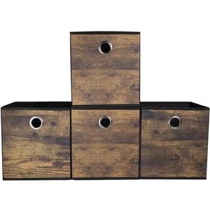 Durable Storage Cube Bins with Wood Grain, Thickened Fabric Box, Storage Baskets for Open Shelf, Bookcase, Closet, Storeroom, Bedroom, Living Room, Nursery, Office, Dorm, 10.2x10.2x11in, Brown with Black, Set of 4