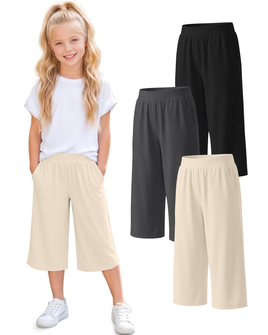 Vinsatin 3 Pack Girls' Capri Pants Wide Leg, 3-Color, 13-14 Years
