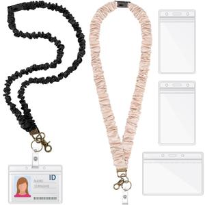 2 Set Teacher Scrunchie Lanyard with Safety Breakaway Buckle ID Badges Holder Retractable Lanyard for Office Teacher Gift(Pure Color Style,Black Beige)