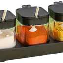 Condiment Jar Spice Container with Lids and Spoons, Kitchen Spice Pot Set of 3, 11oz Clear Glass Condiment Pot with Tray, Kitchen Salt Pepper Sugar Storage Container Jar (black, 300ml)