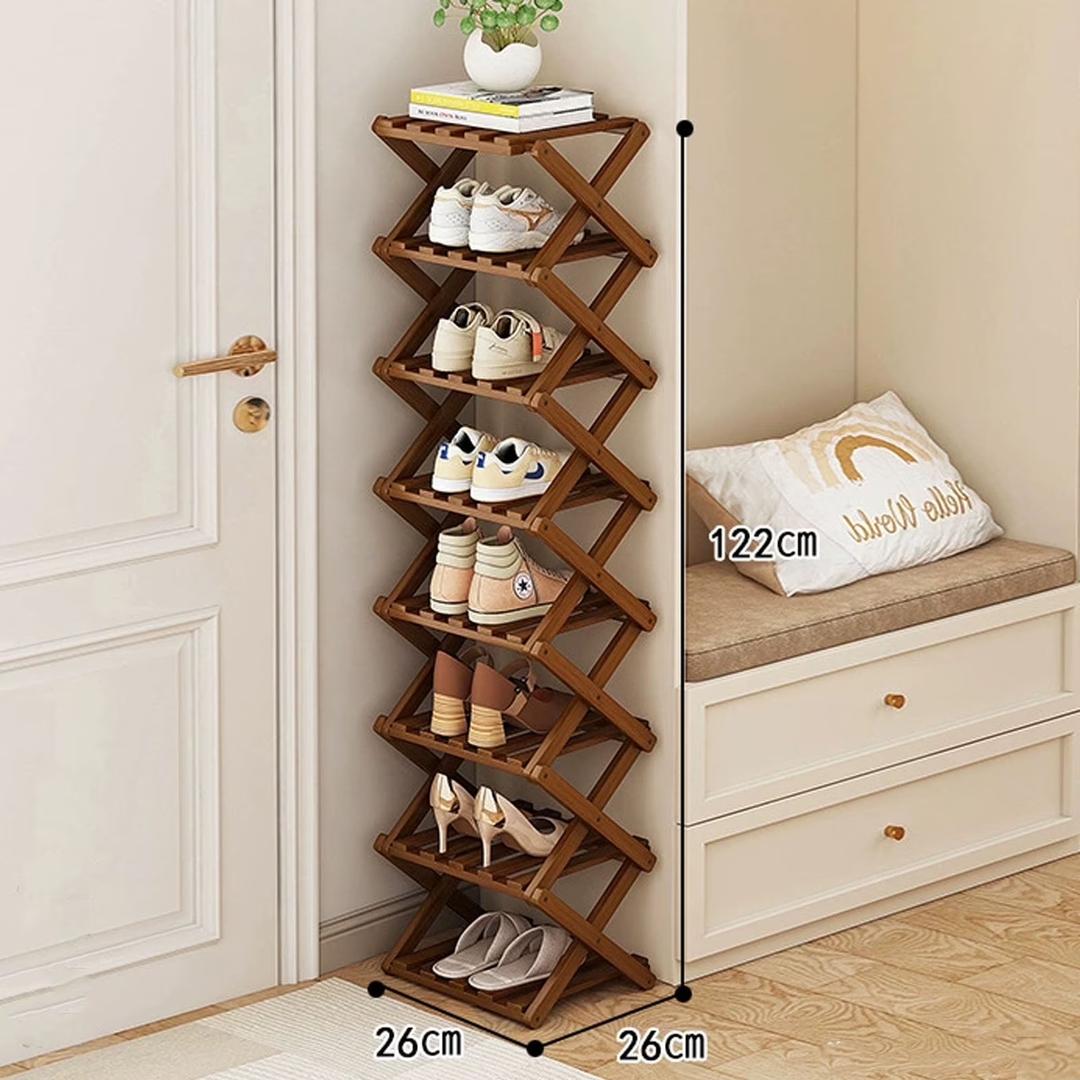[Space-Saving Shoe Rack] Expandable 8-Tier Bamboo Shoe Rack | Folding, Multi-Layer Narrow Space Saving Storage Organizer for Various Room Types