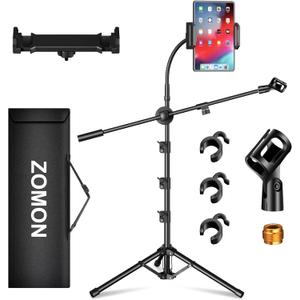 Mic Stand, 6-in-1 Microphone Stand with Floor Boom, Support Boom, Gooseneck, Mic Clips, Tablet Phone Holder, Black, Metal, Portable, Adjustable