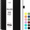 RETTACY Spiral College Ruled Notebook, 300 Pages, A5 Medium Size (5.7" x 8.2"), for School, Work, Writing, Journaling, 100 GSM Thick Paper, Flexible Plastic Cover (Black)