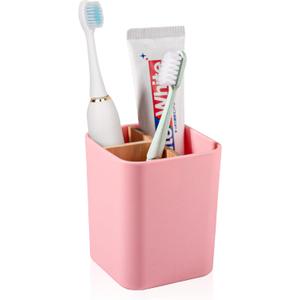 Bamboo Toothbrush Holder for Bathrooms, 3 Slots Toothbrush and Toothpaste Holder Bathroom Counter Organizer for Electric Toothbrushes, Floss, Razors - Pink