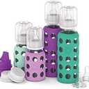 Lifefactory Baby Bottle Starter Set 10-Piece | 4 oz Mint & Lavender, 9 oz Kale & Grape | Includes Flat Caps, Sippy Caps, Stage 2 Nipples