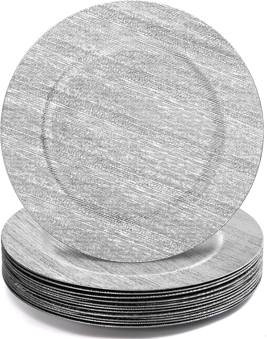Jucoan 12 Pack Silver Charger Plates, 13 Inch Round Plastic Charger Plates, Decorative Silver Strip Plate Chargers for Dinner Plate, Wedding Thanksgiving Christmas Party Table Decor, Shiny Texture