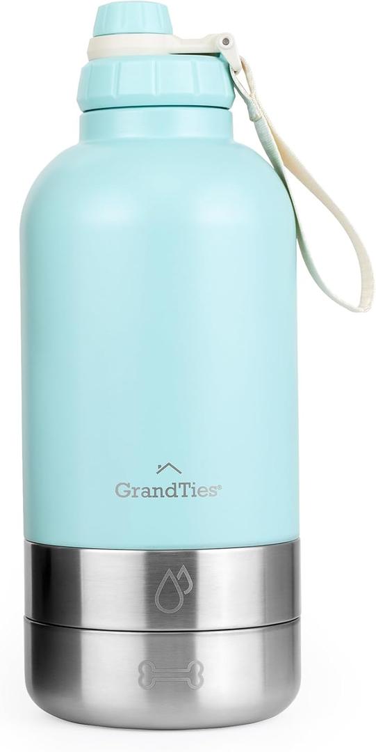 GrandTies Insulated Portable Dog Water Bottle with 2 Detachable Dog Water Bowl Dispenser | Leak-Proof Dog Food Travel Container | Dog Accessories for Dogs Walking, Hiking, Camping (64oz, Powder Green)