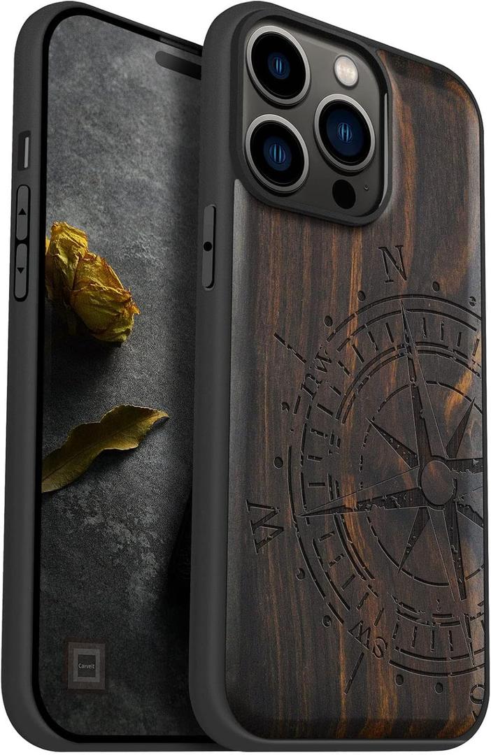 Carveit Magnetic Wood Case for iPhone 14 Pro Max [Natural Wood & Black Soft TPU] Unique & Classy Wooden Shockproof Protective Cover Compatible with magsafe (Vintage Compass -Blackwood)