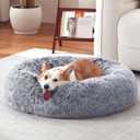 Donut Dog Bed Medium Size Dog 36 Inch, Round Cat Beds for Small Medium Dogs and Cats with Washable Fluffy Faux Fur, Cute Comfort Pet Bed with Anti-Slip Bottom, Grey